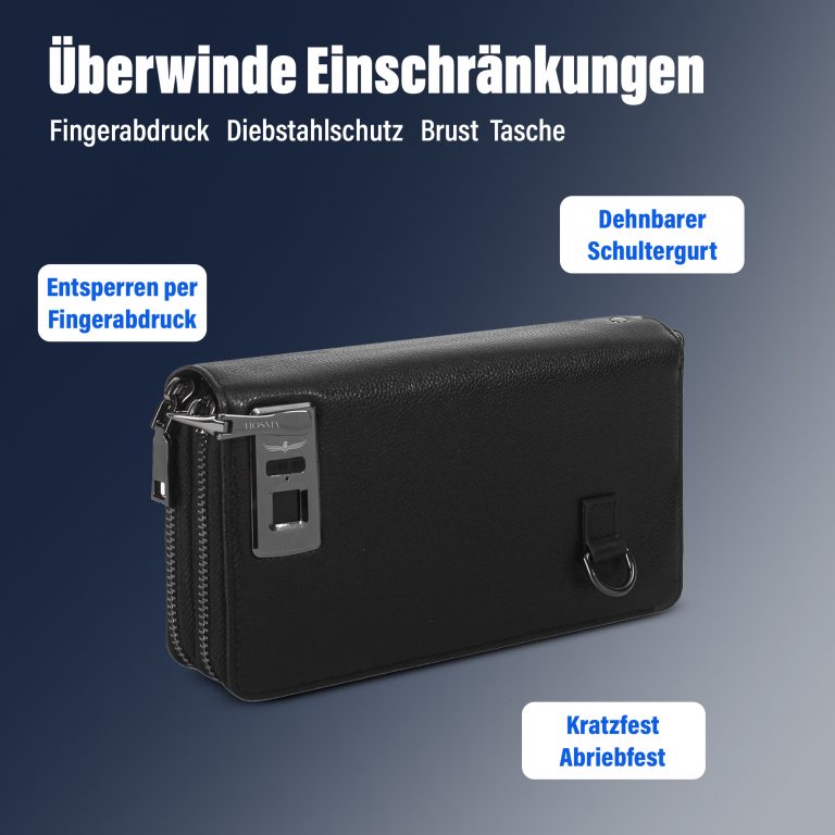 hosma geldbörse mit fingerabdruck & sicherheits schloss – unisex, schultergurt, echtleder, wasserfest, usb c ladeanschluss