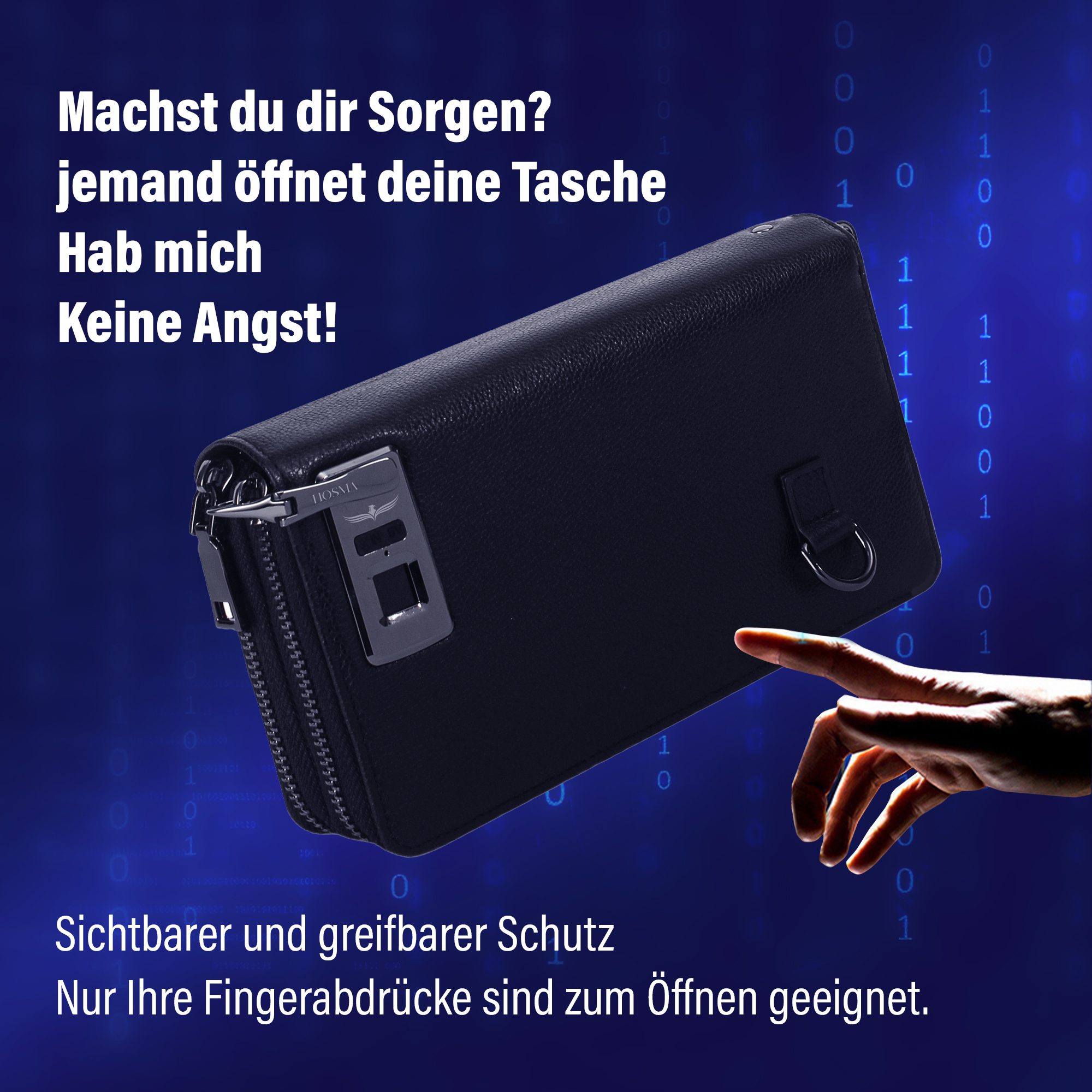 hosma geldbörse mit fingerabdruck & sicherheits schloss – unisex, schultergurt, echtleder, wasserfest, usb c ladeanschluss
