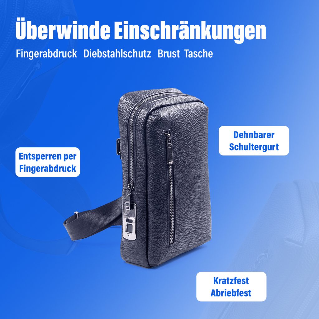 hosma herren umhängetasche mit fingerabdruck schloss – echtleder, usb c anschluss, wasserfest
