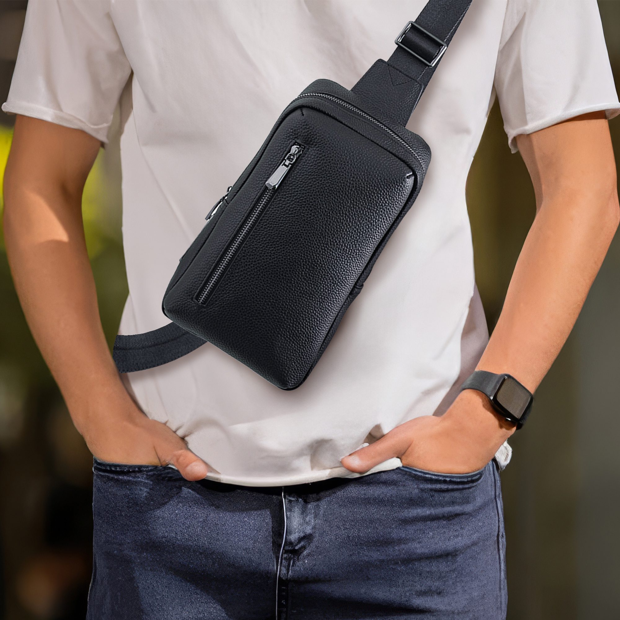 hosma herren umhängetasche mit fingerabdruck schloss – echtleder, usb c anschluss, wasserfest